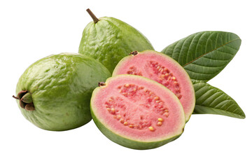 Whole and halved green guavas with pink pulp and leaves isolated on transparent background