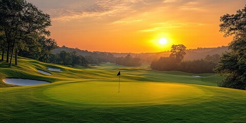 A serene golf course at sunrise with lush green fairways, sand bunkers, and a flagstick under a vibrant orange sky.