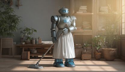 A robotic maid is actively cleaning an apartment, using a mop in a well-lit living room. The design features a vintage-inspired robot style with an apron, surrounded by plants and shelves.
