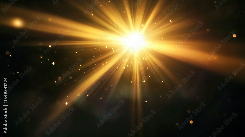 Poster bright golden light rays burst from a central point, illuminating floating particles against a dark 