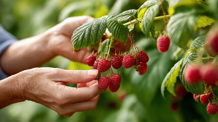 Hands picking ripe red raspberries from green bush in sunny garden, close-up of harvesting process. Fresh organic berries.