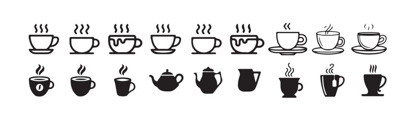 Hot Coffee Mugs, White and Black, Simple Design, Beverage Icons, Tea and coffee cup icon bundle set. cup a coffee icon vector illustration eps 10.