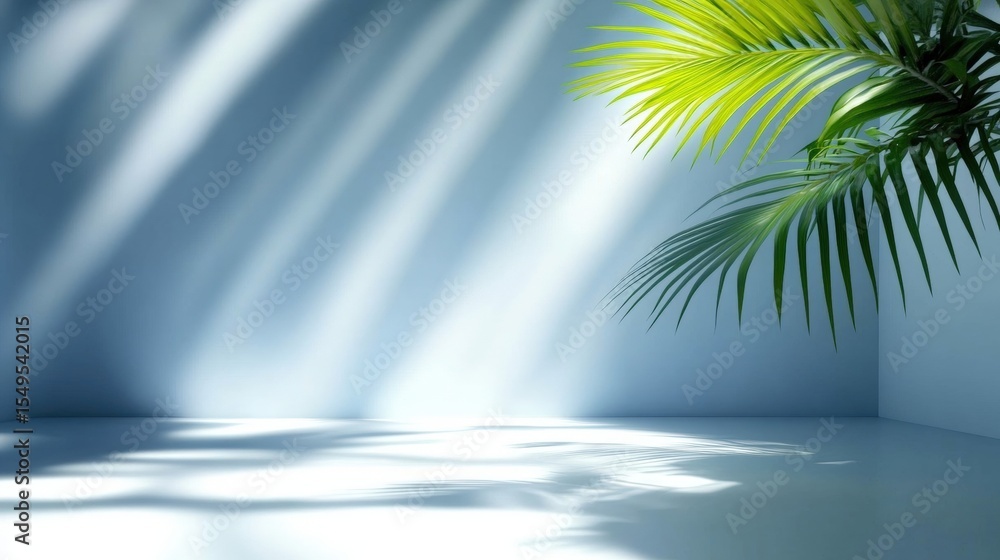Poster a minimalist scene featuring soft natural light and shadows cast on a smooth surface with a green pa