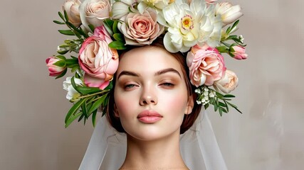 A model displays intricate floral headpieces with a serene expression during an artistic portrait session highlighting natural beauty