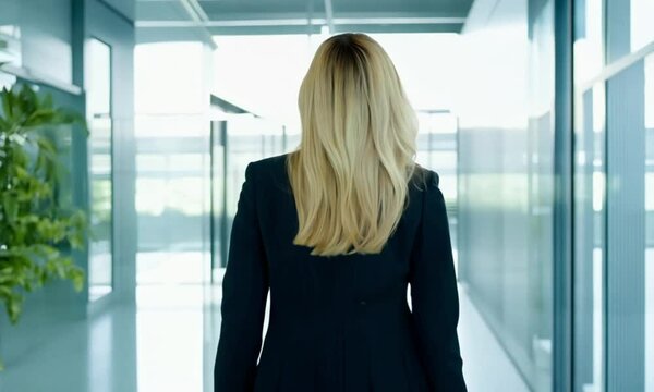 Blonde businesswoman walking through modern glass office corridor confidently in corporate setting. 4K high resolution video	