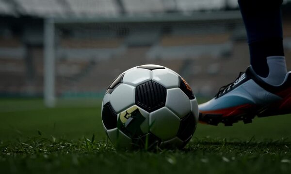 Classic black and white soccer ball lying on real grass field before a match at outdoor stadium. 4K high resolution video	