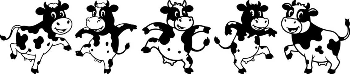 Playful dancing holstein cows with black and white spots cute cartoon cattle characters for children farm animal design elements