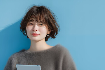 young japanese woman holding tablet against blue background with gentle smile