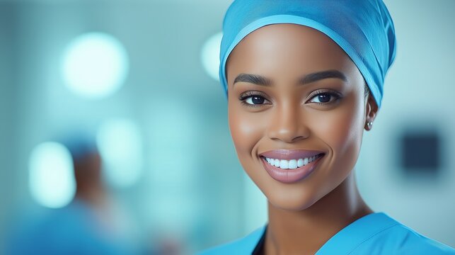 Close up of a smiling young African American female surgeon in blue scrubs and a surgical cap, exuding confidence in a blurred operating room setting, African American surgeon - Powered by Adobe