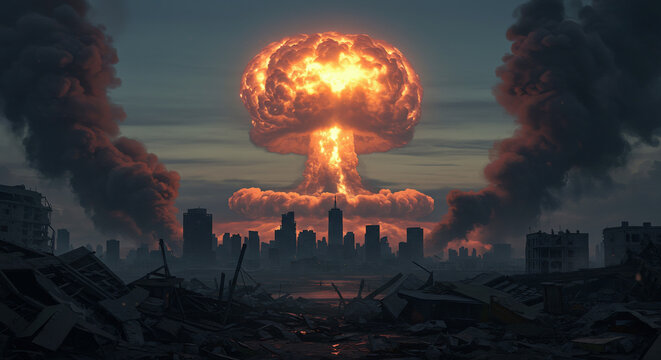 "Nuclear explosion in a desert with a large mushroom cloud and fireball. Powerful and dramatic scene."
