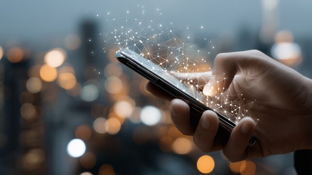 Professional businessman working on smartphone, displaying global network connections with blurred urban cityscape behind person, digital screen while connected to online Professional businessman