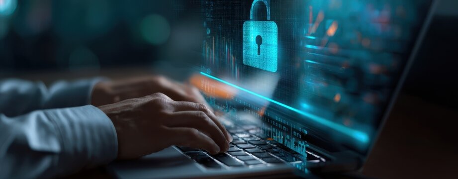 The laptop screen displaying security measures and encryption for online privacy.