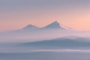 Naklejka premium breathtaking view of mount mustagh enveloped in fog during sunset serene atmosphere