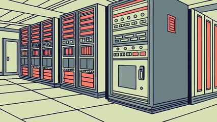 Cartoon Illustration of Vintage Mainframe Computer Systems in a Room.