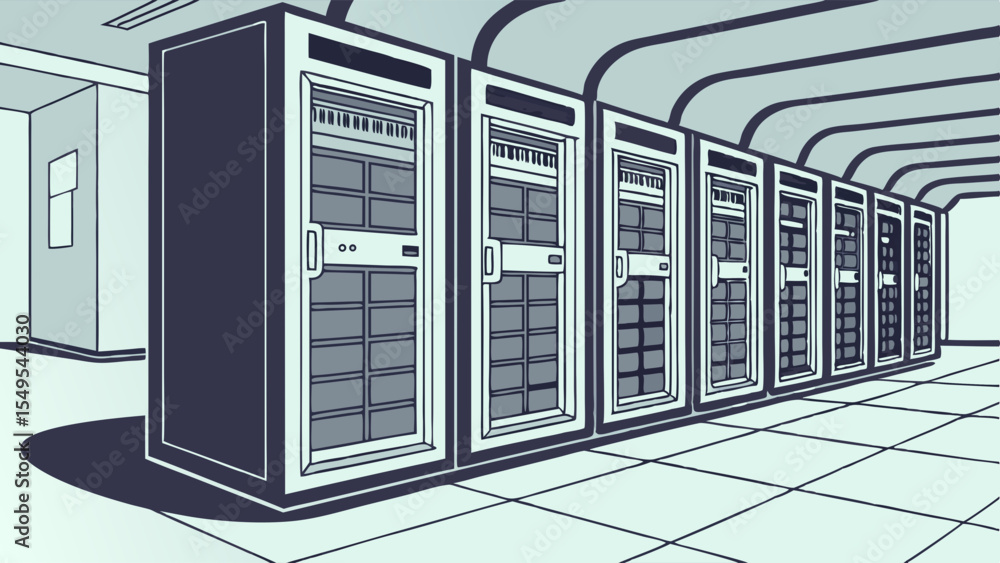 Poster row of modern data center servers in a server room 1.