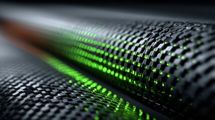 Close-up of dark metallic tubes, glowing green segments