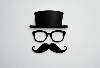Black top hat glasses and mustache on a white background in studio shot