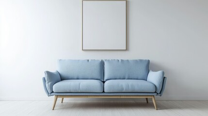 Light blue couch in a minimalist living room.