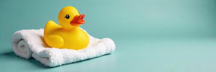 A yellow rubber duck sits nestled amongst fluffy, fresh towels, ready for a relaxing bath Perfect for bathroom, spa, hygiene, and relaxation themed projects , rubber, vibrant
