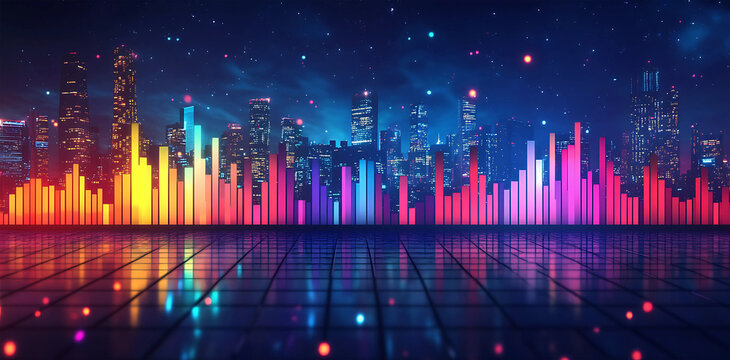 Colorful equalizer bars over a cityscape at night with starry sky above