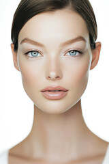 Obraz premium close up of woman with smooth skin, striking blue eyes, and neutral . Her hair is styled back, highlighting her facial features and natural beauty