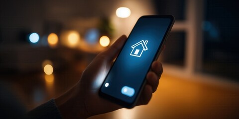 Obraz na płótnie Canvas Person using smart home application on mobile phone, controlling lights and temperature in a living room.