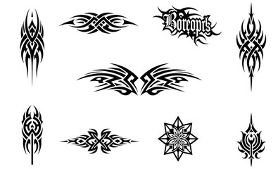 Tribal tattoo designs with Borropts lettering on white background