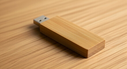 Wooden USB flash drive on wooden surface. Data storage device.