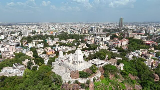 Hyderabad, India: Aerial view of Birla Mandir, iconic Hindu temple in capital and largest city of Indian state of Telangana - landscape panorama of South Asia from above

