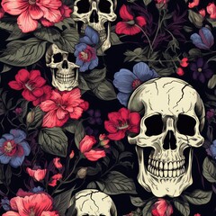 Vintage Floral Skull Pattern with Bright Blooms and Dark Background for Unique Design Elements