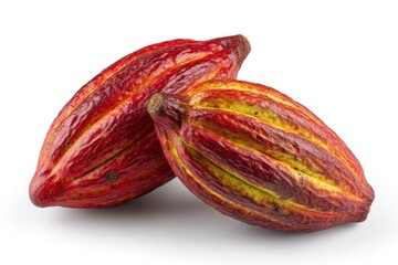 Two cocoa pods red and yellow are displayed against a white backdrop showcasing their ridged surfaces and natural shape