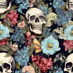 Vintage Floral Patterns Featuring Skulls and Colorful Flowers on Dark Background for Unique Graphic Design Projects