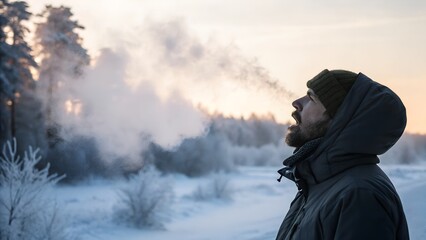 Icy breath in cold air — soft cloud emerging from warm mouth in frosty morning