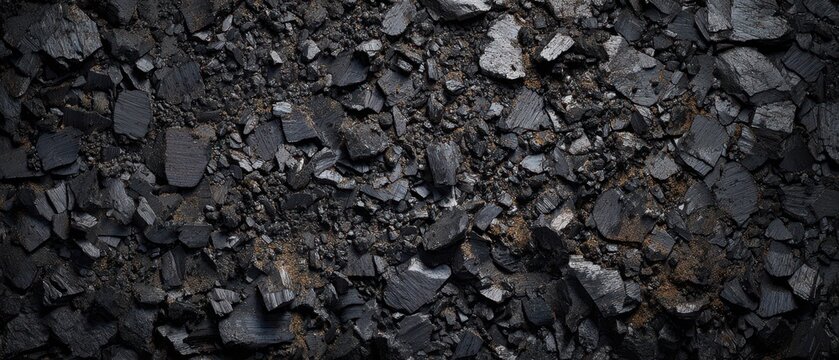 The textured surface of small black coal fragments in natural arrangement.