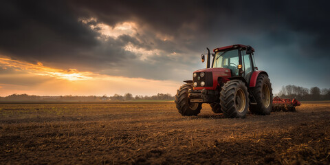 Obraz premium Rural scene with red tractor working in sunset field on a backdrop of dramatic sky.