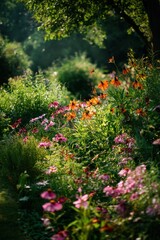 Vibrant flowerbed in a lush garden. Decorating your outdoor area with blooming flowers.