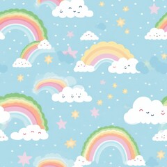Cute Digital Pattern of Colorful Rainbows and Clouds on a Soft Blue Background for Adorable Design Projects
