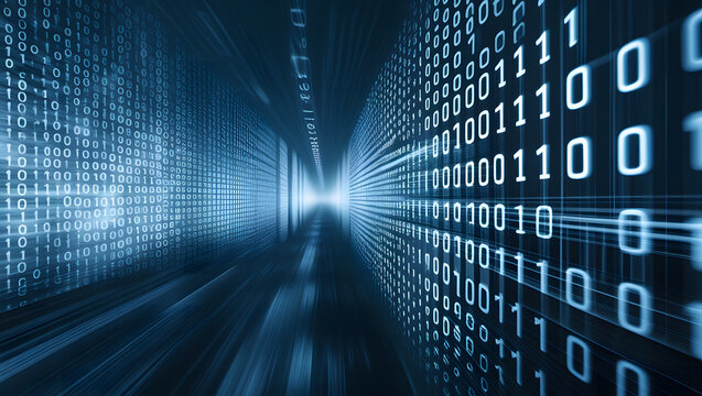 Futuristic digital tunnel filled with binary code (0s and 1s) representing data transmission and digital networks. The abstract perspective and glowing blue tones convey speed, connectivity.