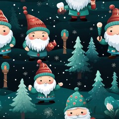 Adorable Cute Gnomes Celebrating Christmas in a Festive Digital Art Scene with Trees and Snowflakes