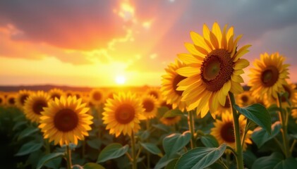 Golden hour light bathes tall sunflowers, vibrant sunset hues paint the sky , yellow, picture