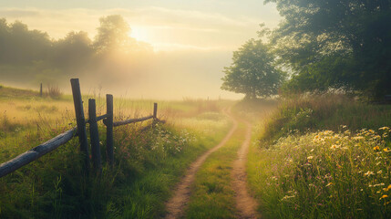 Misty morning landscape with the sun rising over a rural green field, trees, and a country road