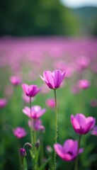 Fototapeta premium Purple flower field, focus on foreground bloom, botany, landscape