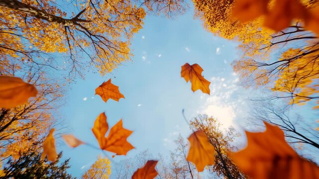 Autumn leaf falling with soft swaying motion against blue sky and orange leaf tree branch during fall season nature scene bright daylight forest canopy seasonal change outdoor environment peaceful