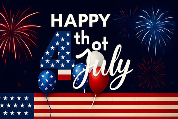 Happy fourth of july with fireworks balloons and american flag design