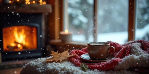 Cozy winter scene with a steaming mug near a warm fireplace, blankets, and snow falling gently outside the window Perfect for winter vibes, hygge, and cozy home concepts , home, winter comfort