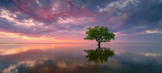 Obraz premium The serene tree reflected in tranquil waters at sunset.
