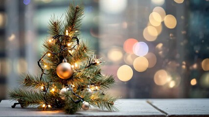 Festive mini christmas tree with warm lights and ornaments in cozy holiday setting - Powered by Adobe