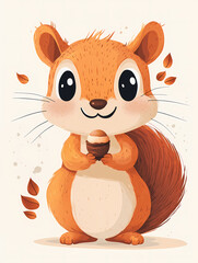 A charming cartoon squirrel joyfully holding an acorn in its paws