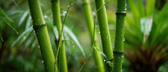 The vibrant bamboo forest glistening with raindrops in the lush greenery.