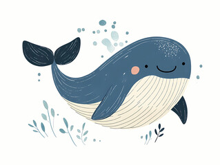 This delightful illustration features a cute, smiling blue whale in the ocean with bubbles.